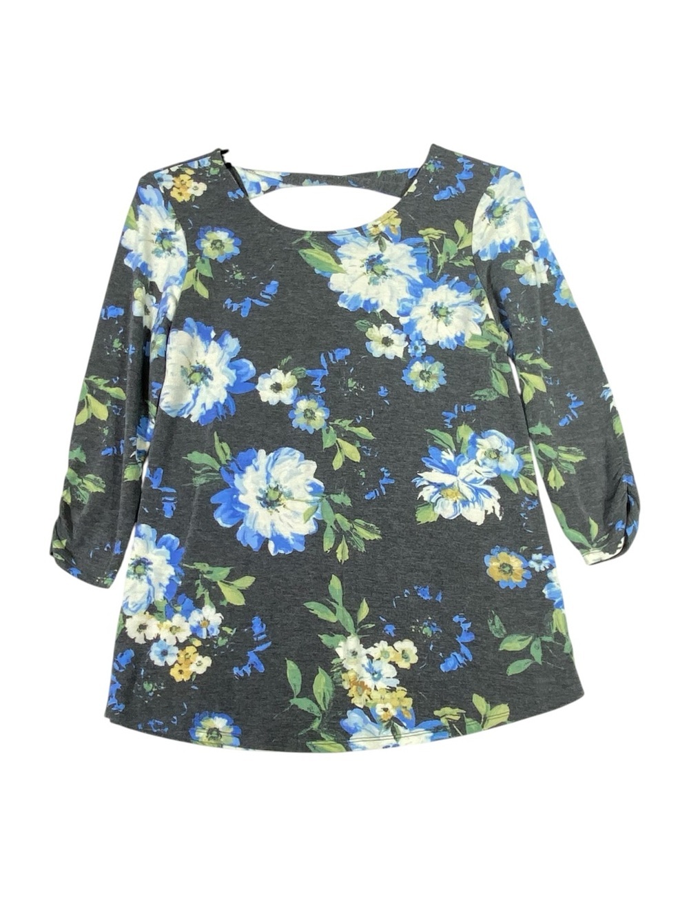 Alyx Floral Tunic Top Women's M Gray Ruched 3/4 Sleeves Scoop Style Cutout Back
